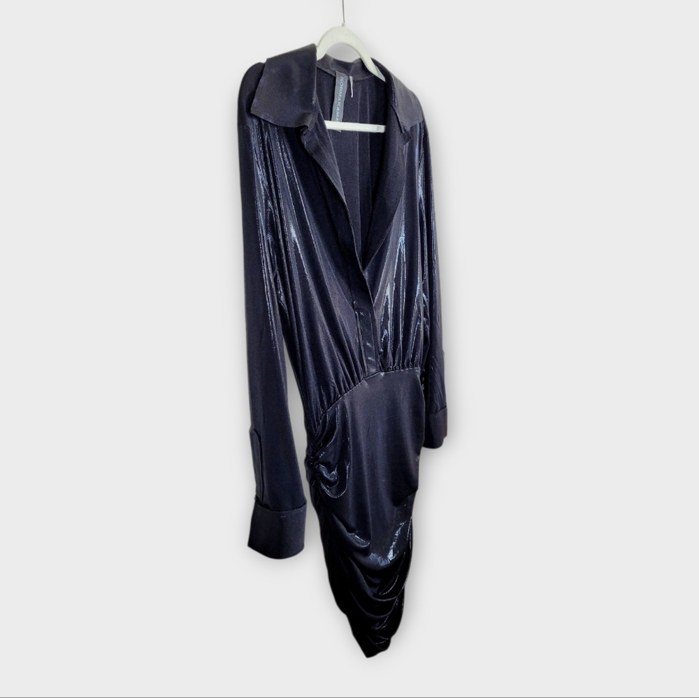 NORMA KAMALI Ruched Black Lame Boyfriend Shirt Dress Small Mini Dress Plunge - Picture 6 of 15